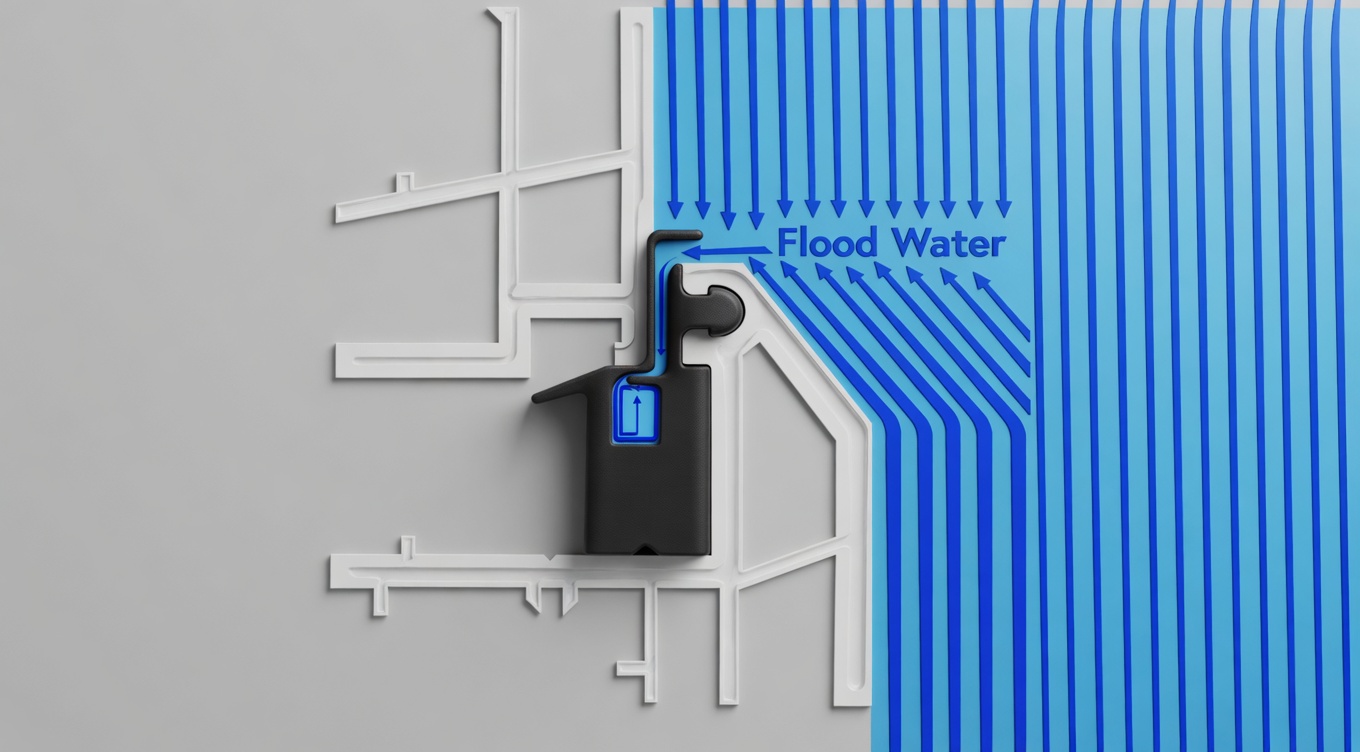 Inward opening Seal Activation Step 2 visual aid. This diagram is for demonstration purposes only and does not reflect the appearance of the StormMeister® Active Flood Seal.