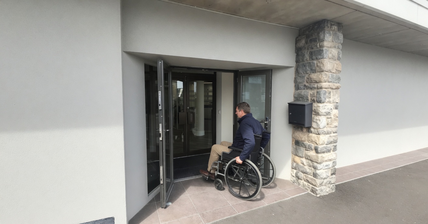 Man in wheelchair accessing building through DDA & ADA compliant. Wheelchair accessible Flood Doors by StormMeister®