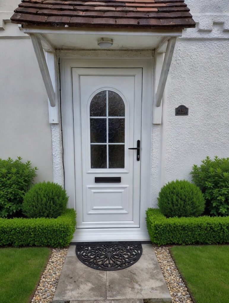 StormMeister® uPVC Inward Opening Flood Door, colour - White, Panel - Verona, Georgian bar style glazing (6.8 laminate glass externally and 4 mm toughened glass internally), black Handle - black letter box - fitted with the StormMeister® active flood seal.