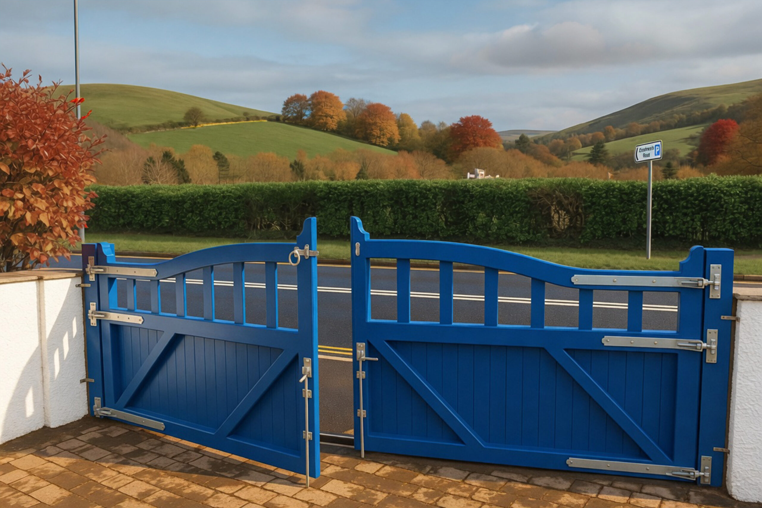 StormMeister® Accoya Timber Flood Gate, colour - blue, fitted with the StormMeister® active flood seal.