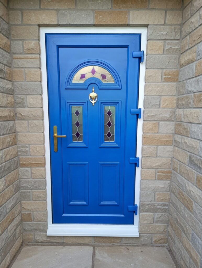 StormMeister® uPVC Inward Opening Flood Door, colour - Blue, Panel - Georgian, CL5 style glazing (6.8 laminate glass externally and 4 mm toughened glass internally), Gold Handle - Gold letter box - Gold - Knocker. Fitted with the StormMeister® Active Flood Seal.